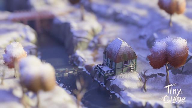 A distant view of the small hut by the river during dusk. The soft purple and orange hues of twilight illuminate the snowy landscape, creating a dreamy, tranquil scene. The hut rests near the water’s edge, with the wooden bridge faintly visible in the background. The trees, covered in light snow, add pops of color to the wintry setting. The gentle lighting enhances the peacefulness of the moment.