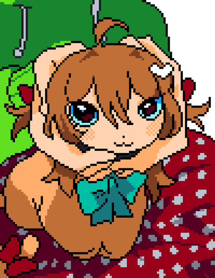 AI Generated Description: The image is a pixel art depiction of a young girl with light brown hair, styled with small pigtails and a single hair strand sticking up. She has large, expressive blue eyes and a sweet, innocent expression on her face. The girl is wearing a large green bow around her neck and is holding her hands up near her head. Her outfit features shades of red with white spots. The background is partially visible, with a green piece of furniture and a dark area. The overall style is colourful and playful, characteristic of retro video game aesthetics.