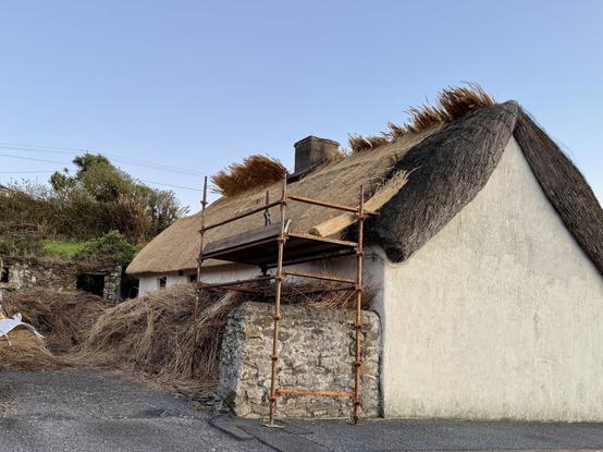 Thatched roofed cottage with a partially replaced thatch roof viewed from the side with a large blank gable end nearest the camera.    Large piles of reeds are piled in front of the cottage hiding the door and most of the windows partially obscured behind a stone wall between the roadside and the front of the cottage. A section of modern scaffolding is set up spanning the wall beside the front of the cottage to provide easy working space beside the roof. A single bundle of lashed up reeds waiting to be installed rests between the scaffolding and the one remaining old section of thatch on the side of the roof nearest the camera. 

Sheaves of partially tied up reeds extend above the top of the roof from the far side. 

A partially ruined stone shed can be seen at the rear of the cottage with a line of bushes behind it.