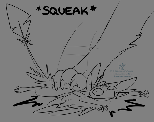 quick digital sketch of an avali being smushed by a large paw with a squeak sound effect