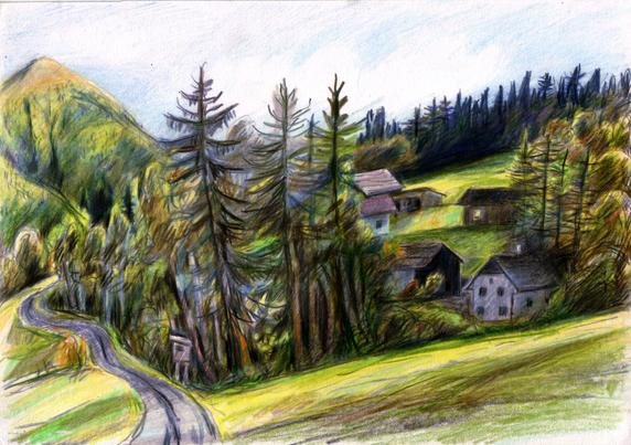 View of a small mountain village with trees.