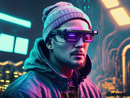 Man wearing a hat an VR glasses. Futuristic look. Inside a factory of the future.