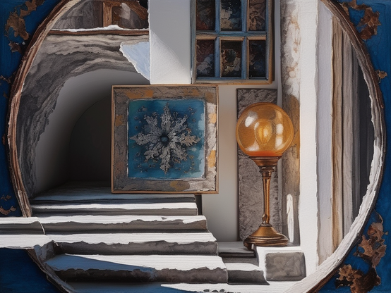 Rustic interior viewed through a large round doorway, in the process of being remodeled, with chipped paint, resurfaced cement floor and steps, and old blocked areas being re-opened. A vintage painting rests next to a modern golden globe lamp.