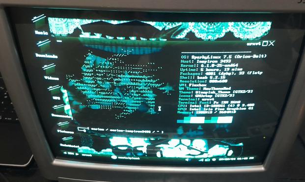 Picture of Neofetch, a program that prompts information about the system and its logo at the left. (RIP Neofetch)