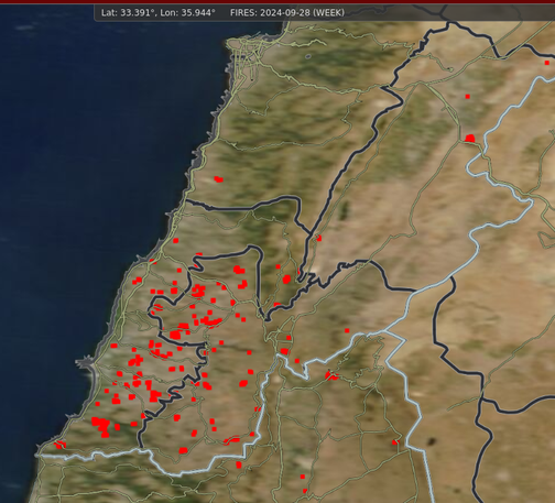Many hotspots over Southern Lebanon, indicating fires