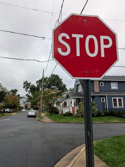 A stop sign in an Arlington neighborhood, behind which you can see a few bungalows with big front porches--my favorite kind of Arlington housing.