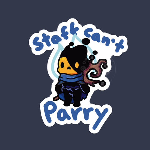 A chibi immortal from 33 immortals with a staff and blue halo with "staff can't parry" written behind it.