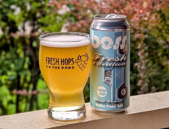 A can of Fresh 1 Trillion Fresh Hop West Coast IPA from Boss Rambler Beer Company of Bend, Oregon. It's poured into my "Fresh Hops on the Pond" glass from a past fresh hop beer fest. The Boss Rambler can is pale powder blue with an older style pickup truck arranged vertically on it, and while you'd expect a fresh hop beer with a truck on the label to show bales of hops in the pickup bed, it actually appears empty.