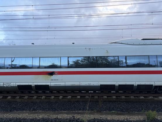 Wagen 2 der 406 653. An der Stelle des Roten Streifens über der Wagenanschrift ist ein großer, eingedellter Brauner Fleck und Löcher zu erkennen. Weitere braune Spuren sind an der Oberseite des Fahrzeugs zu erkennen