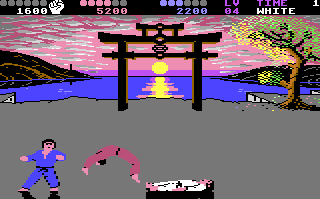 A scenic background at the waterfront. The sun is setting, reflecting in the water. Three karatekas in the foreground, in differently coloured attire. One is out, lying on the ground. One is doing a backflip. One is looking at the camera in a cool pose.