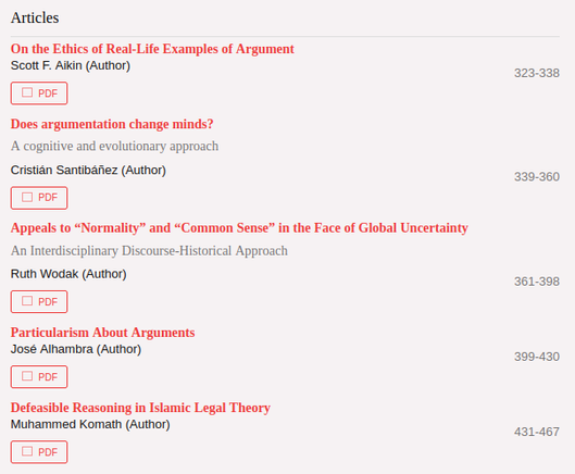 Screenshot from the website Informal Logic, Vol. 44 No. 3 (2024)

 Articles

    On the Ethics of Real-Life Examples of Argument
    Scott F. Aikin (Author) 323-338 PDF 

    Does argumentation change minds? A cognitive and evolutionary approach
    Cristián Santibáñez (Author) 339-360 PDF 

    Appeals to “Normality” and “Common Sense” in the Face of Global Uncertainty An Interdisciplinary Discourse-Historical Approach
    Ruth Wodak (Author) 361-398 PDF 
    
    Particularism About Arguments
    José Alhambra (Author) 399-430 PDF 
    
    Defeasible Reasoning in Islamic Legal Theory
    Muhammed Komath (Author) 431-467 PDF