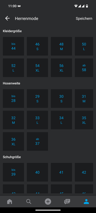 Screenshot der Android App von willhaben mit dem Auswahldialog zur Kleidergrößeneinstellung