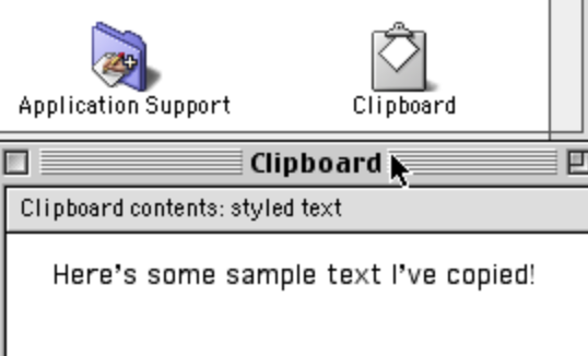 Screenshot of Clipboard icon with open Clipboard window showing text: Clipboard contents: styled text. Here’s some sample text I’ve copied!