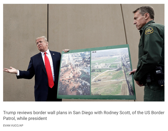 Trump reviews border wall plans in San Diego with Rodney Scott, of the US Border Patrol, while president. AP. Evan Vucc.