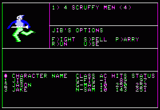 Screenshot of the video game Wizardry. An all tet user interface that displays role playing character stats as well as a band of scruffy men depicted by ASCII.