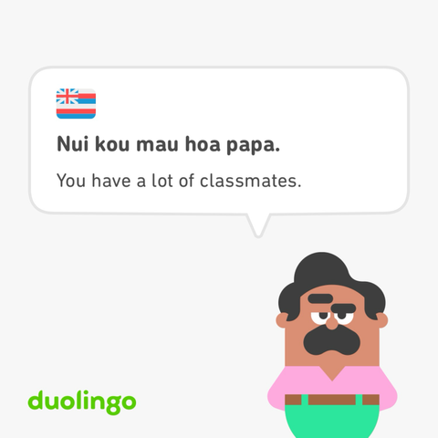 Image from Duolingo of cartoon character Vikram with the caption “Nui kou mau hoa papa. - You have a lotnof classmates.”