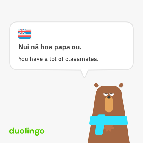 Image from Duolingo of cartoon character Falstaff with the caption “Nui nā hoa papa ou. - You have a lotnof classmates.”