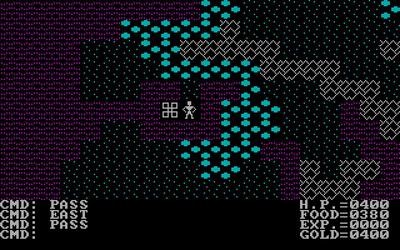 A screenshot of the video game Ultima III. A top-down view of an EGA graphics world with terrain of different types with the player's party centered.