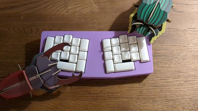 A small purple keyboard with white keys. The keys are somewhat unorthodoxly arranged. For example there's two vertical 3u spacebars (one for each pinky finger).