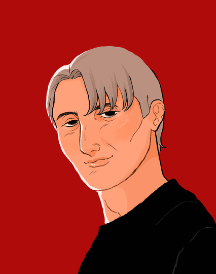 Actor Mads Mikkelsen as Hannibal Lector from NBC's Hannibal. He's facing to the lefthand side with a slight smile, wearing a black pullover. He's in front of a deep red background.