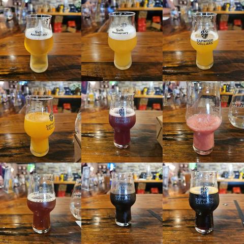 9 different images in a 3 x 3 layout. Each image shows a glass filled with beer that either says Sapwood Cellars or Sixth Anniversary.  Beer styles pictured include IPAs, sours, a stout , a pilsner, and a barleywine