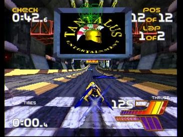 A screenshot of a futuristic race vehicle floating down a wide racetrack.