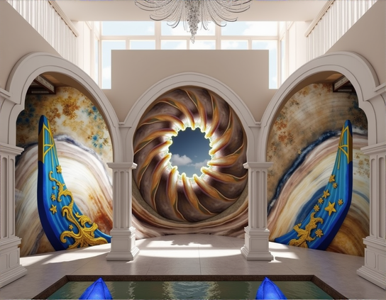 Luxurious airy indoor pool room with high ceilings, arched alcoves, surreal celestial decor, and cosmic blue and gold decorations.