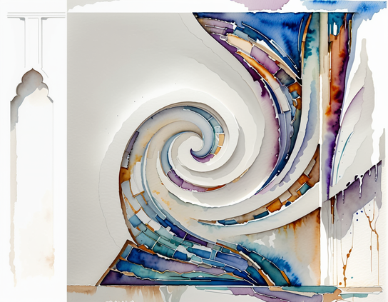 White wall with niche and recessed sculptural spiral pattern in watercolor hues of purple, blue, and orange with geometric shapes.