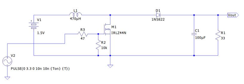 L'immagine rappresenta lo schema elettrico di base di un boost converter