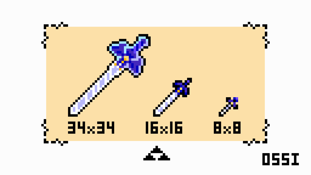 Pixel Art drawing of three Master Swords from the video game series: The Legend of Zelda. Each sword is drawn at different resolutions, from left to right: 34 by 34, 16 by 16, 8 by 8 pixels. It is a long sword with a purple-blue guard and handle with a golden jewel in the center. The blade is shining in the light.