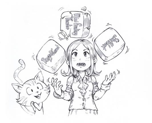 A ballpoint pen black and white sketch scanned and contrasted  of a Chibi Pepper jungling with three blocks, she struggles. The blocks are labeled Pepper&Carrot, Mini Fantasy Theater, and Sketchbook. The MFT block is breaking appart. Carrot is happy looking at the scene.