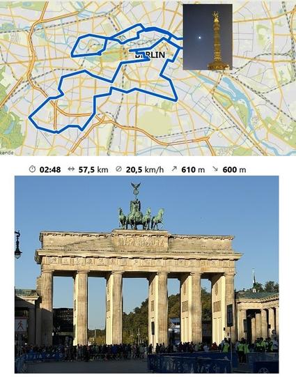 Collage aus einer Komootkarte mit der Marathonstrecke samt Anfahrt, darauf ein kleines Foto der Goldelse mit Mond daneben
darunter die Daten 02h:48min (Zeit in Bewegung) / 57,5km Entfernung / 20,5 km/h Durchschnittstempo (in Bewegung) / 610 Meter hoch / 600 Meter runter

Darunter ein Foto vom Brandenburger Tor im Sonnenlicht, die Marathonläufer strömen zum Start