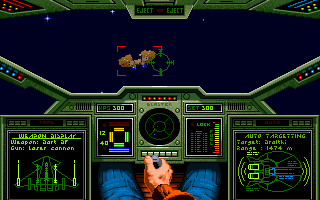A cockpit view of a space dogfight.