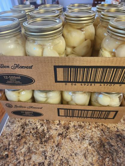 23 bottles of potatoes in 2 brown cases with Golden Harvest in black letters on box sitting on a multi coloured brown counter top