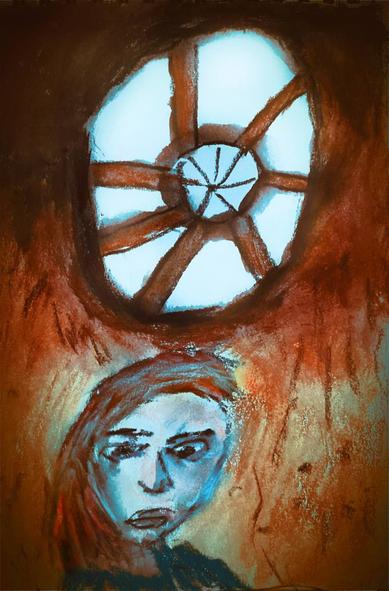 A painting of A feminine person in a room with wooden walls and a round window that looks like a spinning wheel