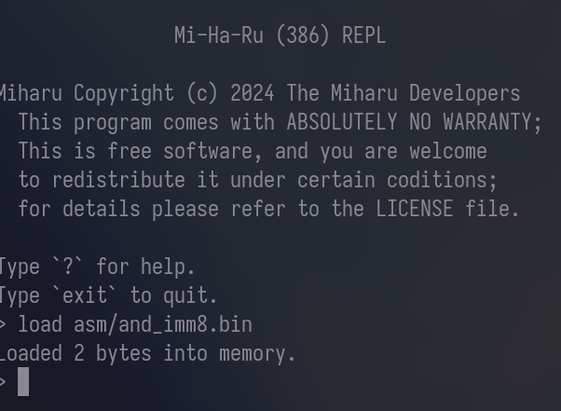 A REPL for my x86 emulator, where i load an assembly file into memory. It says 2 bytes have been loaded.