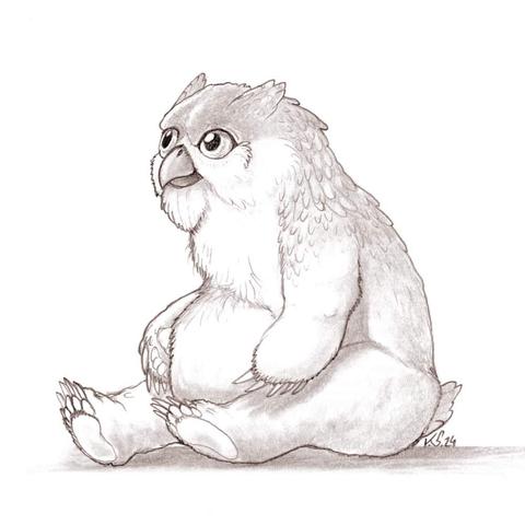 A pencil drawing showing an Owlbear cub sitting on the ground, facing to the left.