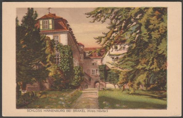 Printed colour postcard showing a view of Hinnenburg Castle near Brakel in Germany.
Published by H. Sander, Brakel, not numbered, c.1910.
Postally unused.
Very good condition, with very slight corner bumps.