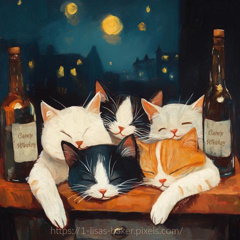 A painting of a bunch of cats drunk from two bottles of catnip whiskey. Art by Lisa S Baker.