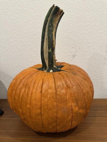 A large, orange pumpkin with a thick, green stem rests on a wooden surface against a plain wall. The pumpkin is squat, with a textured, ribbed surface.