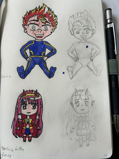 Pencil drawings 2x the same chibi: Sams and a character from an anime series „Darling in the Franxx“; one version colored with simple felt marker, other pencil lines.