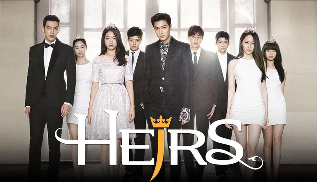 Poster for the 2013 South Korean drama "The Hiers" with the cast standing in front of a large window with the men in dark suits and the women in white dresses. From left to right: Kim Woo Bin, Jeon Soo Jin, Park Shin Hye, Kang Ha Neul, Lee Min Ho, Kang Min Hyuk, Park Hyung Sik, Krystal Jung, Kim Ji Won