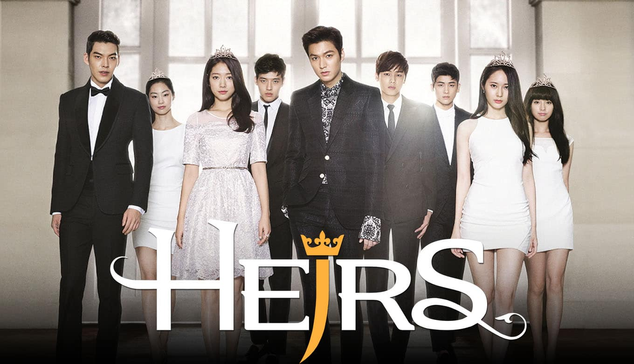 Poster for the 2013 South Korean drama "The Hiers" with the cast standing in front of a large window with the men in dark suits and the women in white dresses. From left to right: Kim Woo Bin, Jeon Soo Jin, Park Shin Hye, Kang Ha Neul, Lee Min Ho, Kang Min Hyuk, Park Hyung Sik, Krystal Jung, Kim Ji Won