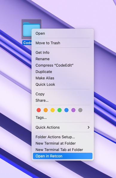 Screenshot of a macOS Finder contextual menu, open for a folder named “CodeEdit”. At the bottom, the highlighted option says “Open In Retcon”.