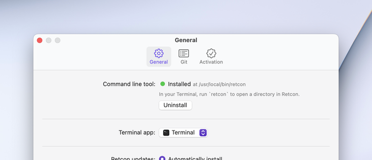 A screenshot of the settings window for Retcon. It shows two sections of the General pane.

The “Command line tool section” shows instructions on installing and using the tool. In the screenshot, the tool is shown as being installed.

The “Terminal app” section only has a drop-down menu, with the built-in Terminal app being selected.