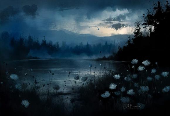 Digitally painted scene of Lake Superior at sunrise, featuring white flowers against a backdrop of a mist-covered lake and forest under a blue-lit sky.   Image at:  https://beautifulsunphotography.com/featured/blue-dawn-over-lake-superior-deb-beausoleil.html  See more art & blog at: https://beautifulsunphotography.com/ https://debbeautifulsunphotography.com/ https://www.zazzle.com/store/beautifulsun_designs https://debbeausoleil.com https://www.artpal.com/BeautifulSun/