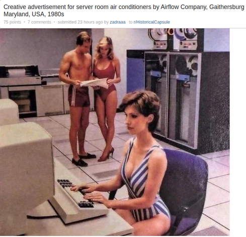 Picture of an old advertisement from the Airflow Company, Gaithersburg Maryland circa the 1980s.  They sold air conditioning for the then new computer server rooms.  The add shows 3 attractive people in bathing suits in an un-airconditioned server room