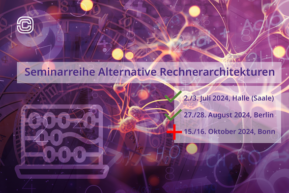 Das Bild zeigt eine Ankündigung für die Seminarreihe "Alternative Rechnerarchitekturen". Es ist visuell ansprechend gestaltet, mit einem wissenschaftlich-technischen Hintergrund, der neuronale Netzwerke und mathematische Symbole darstellt. Im oberen Bereich ist das Logo einer Cyberagentur zu sehen. 
Die Termine der Seminarreihe werden wie folgt dargestellt:
- 2./3. Juli 2024, Halle (Saale) – grünes Häkchen (stattgefunden)
- 27./28. August 2024, Berlin – grünes Häkchen (stattgefunden)
- 15./16. Oktober 2024, Bonn – rotes Kreuz (Nächster Termin)
Das Bild betont den nächsten Termin des Seminars in Bonn.
Foto: freepik/Cyberagentur