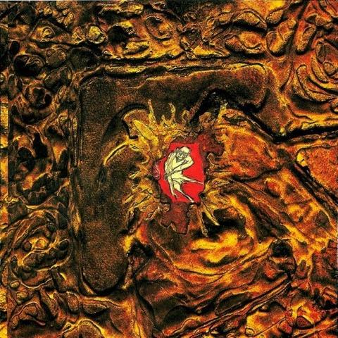 Album cover with a drawn character in a pool of red in the middle, with golden lava like structures surrounding them