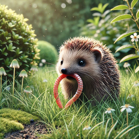ild eines Igels im Garten, der einen kleinen Regenwurm frisst.